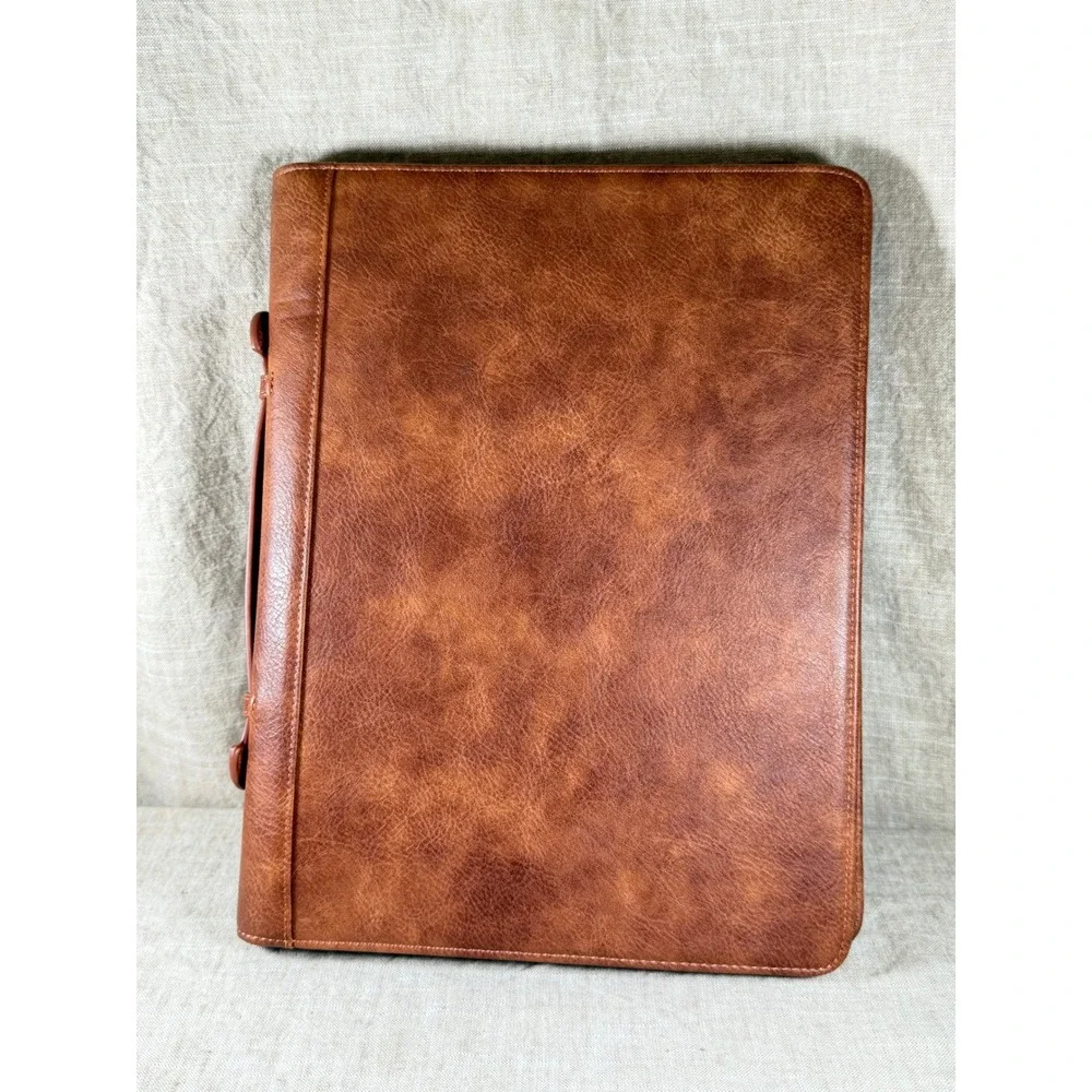 Vintage Cognac Faux Leather Portfolio Organizer Zip Folio Business Case